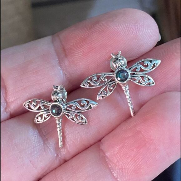 Dragonfly Filigree Rainbow Topaz Solid Sterling Earrings - Picture 4 of 6